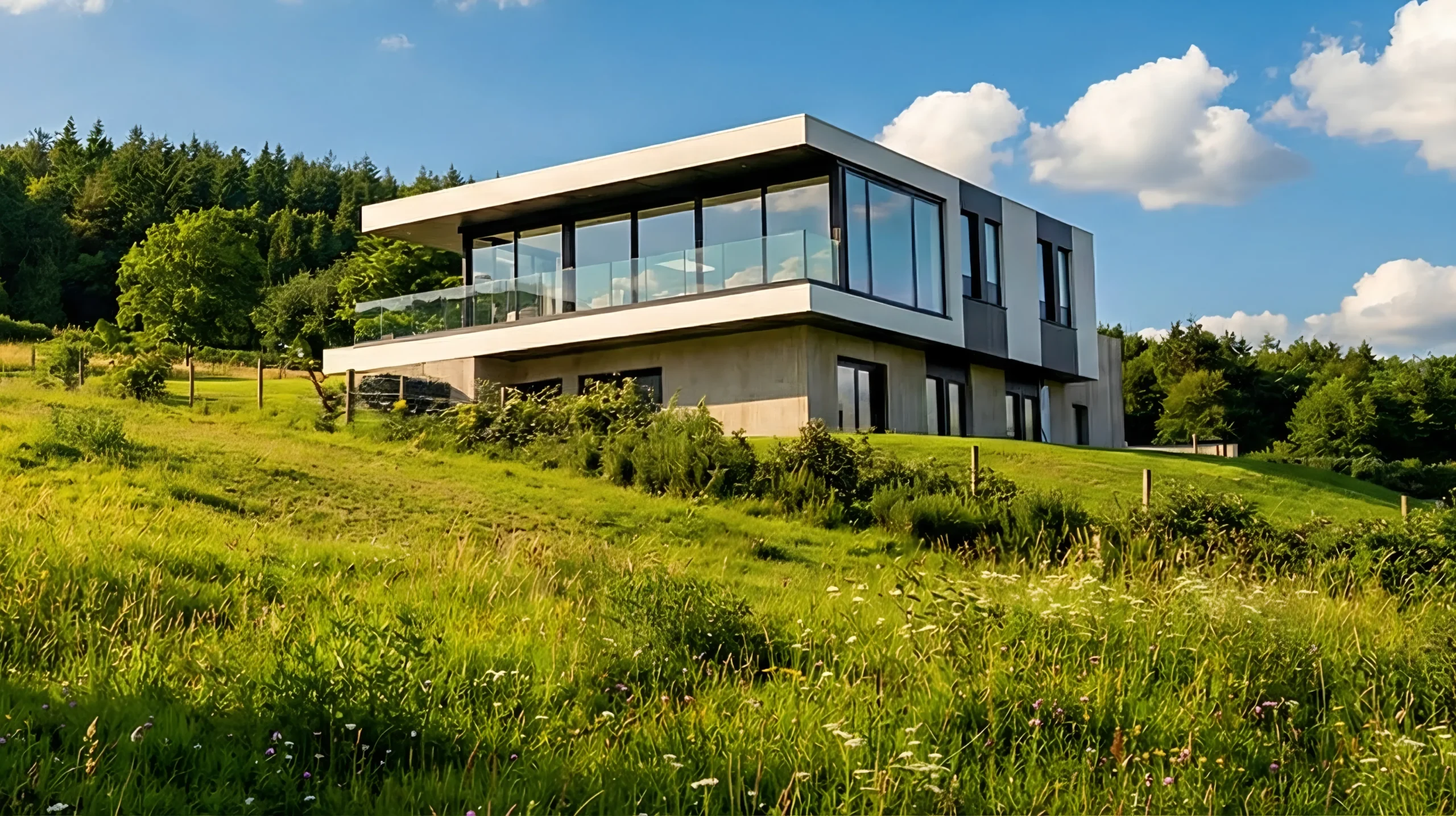 Completed contemporary home with full height glazing and views across the Mournes