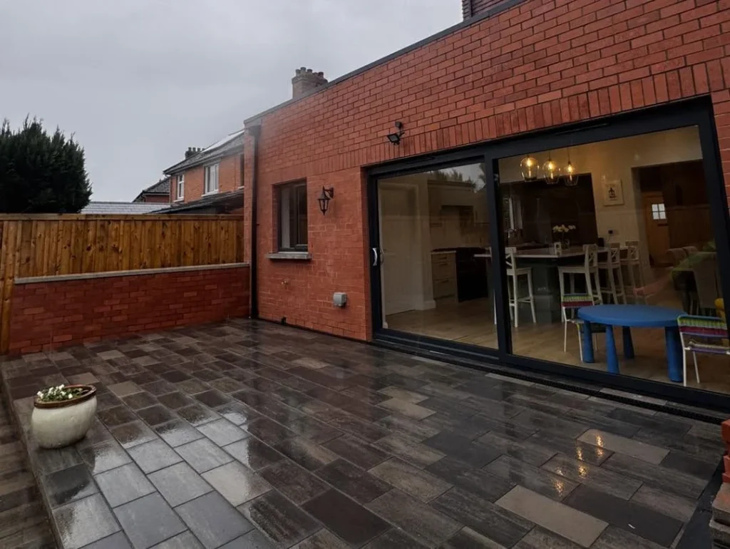 Completed rear patio and wide sliding doors