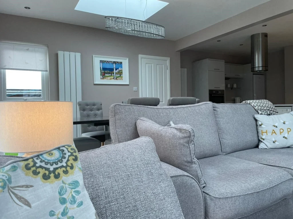 Furnished seating area below a rooflight