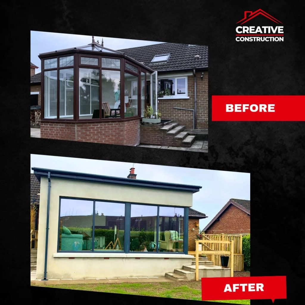Before and after comparison of the old conservatory and new rendered extension