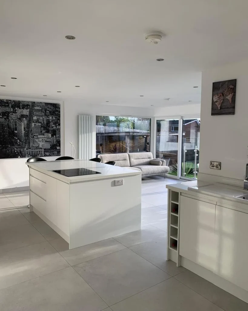 White kitchen island in the completed Newtownabbey extension